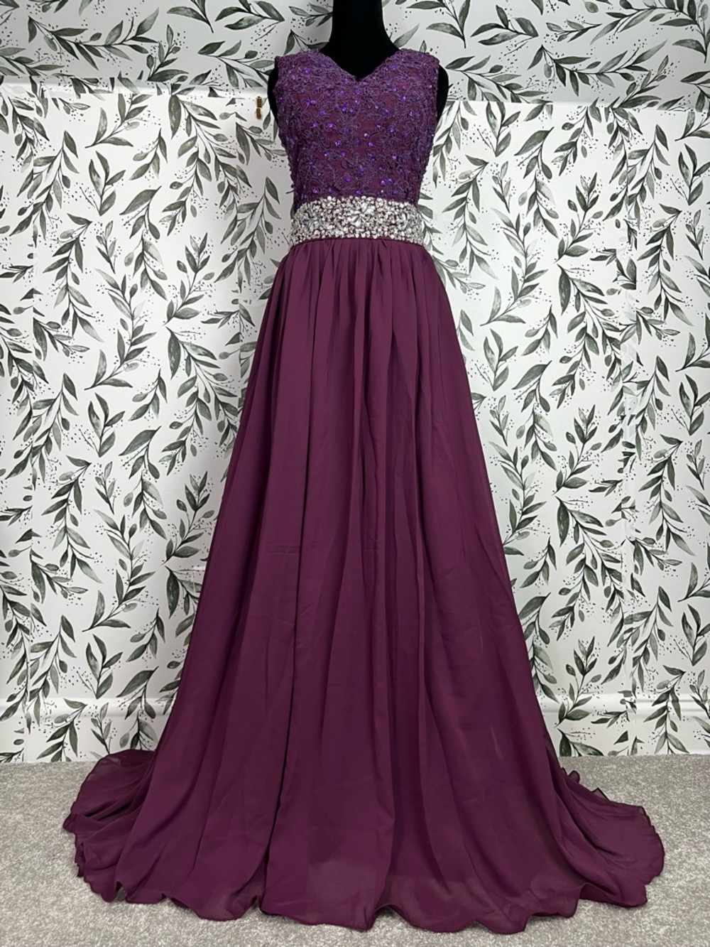 Beaded Rhinestone Chiffon Prom Maxi Purple Sz XS Formal Gown Floor-length NWT #E